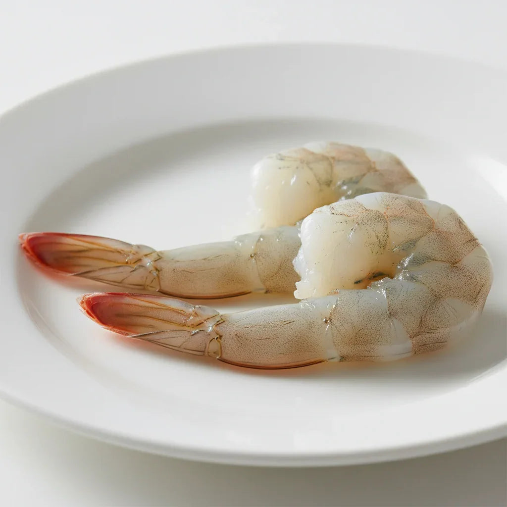 Raw jumbo shrimp on white plate, fresh seafood for gourmet cooking