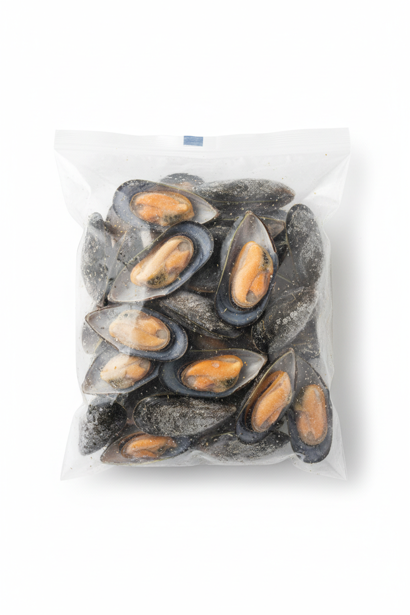 Frozen mussels in clear bag, ready for seafood dishes
