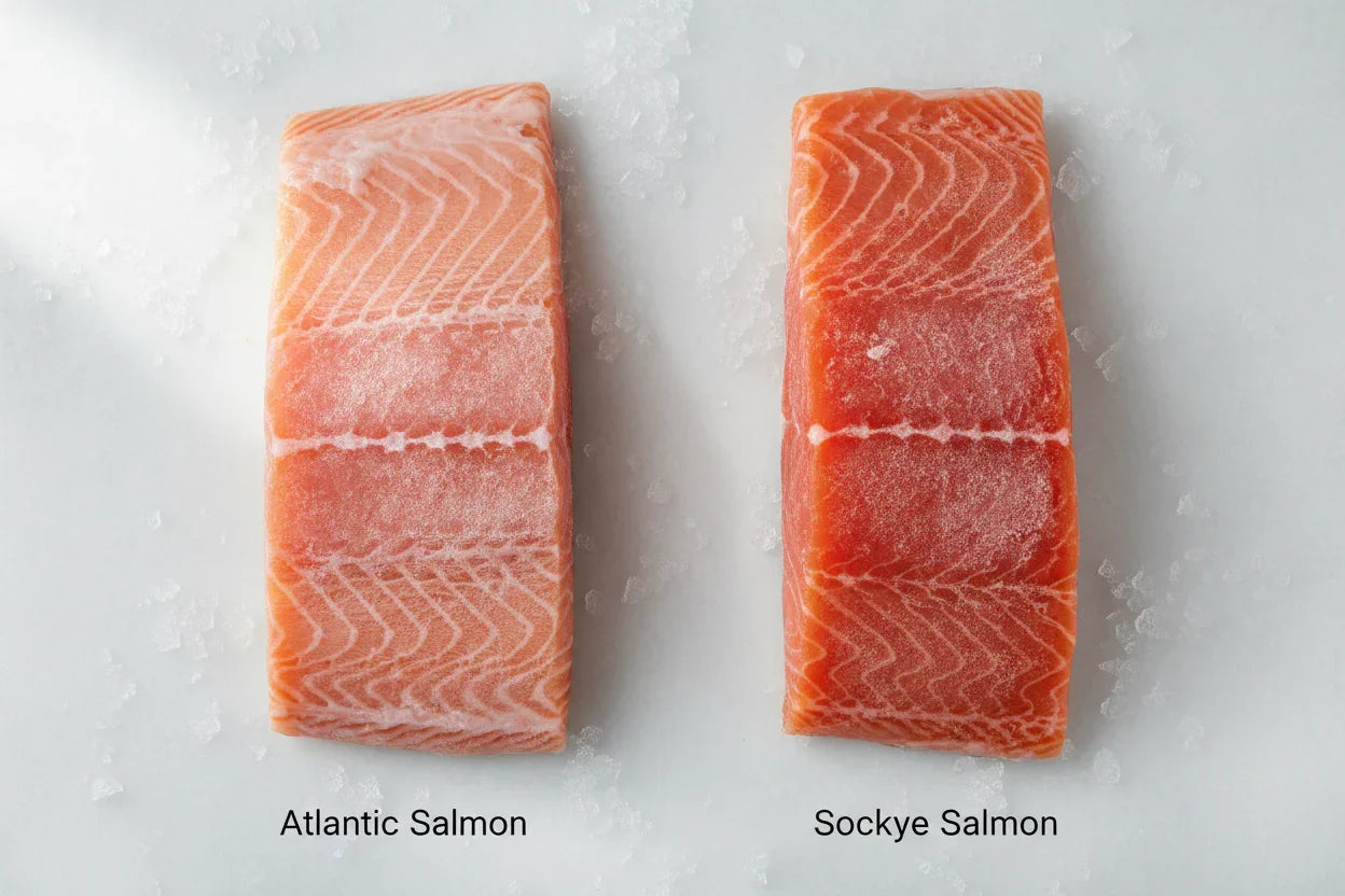 Atlantic vs Sockeye Salmon fillets on ice, showcasing vibrant color and texture differences for premium seafood selection