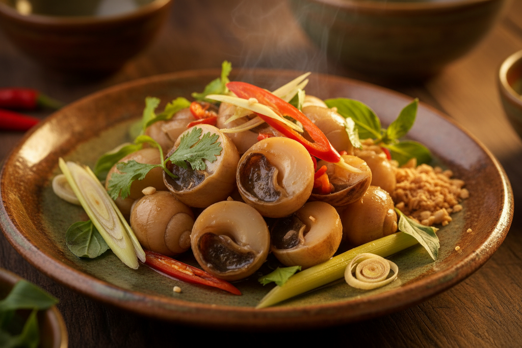 Steaming Thai-style snails with chili, lemongrass, and herbs on rustic ceramic plate