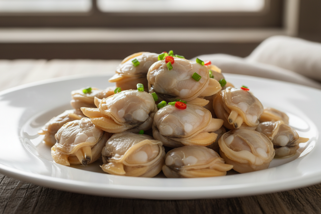 Fresh steamed clams garnished with green onions and red chili on white plate, ideal for seafood lovers