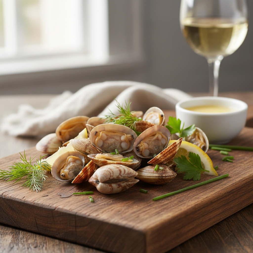 Fresh steamed clams with lemon, herbs, and white wine on wooden board