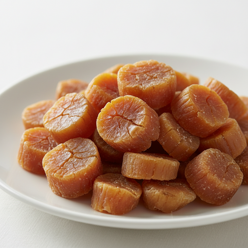 Dried scallops on white plate, premium seafood for gourmet cooking and Asian cuisine recipes
