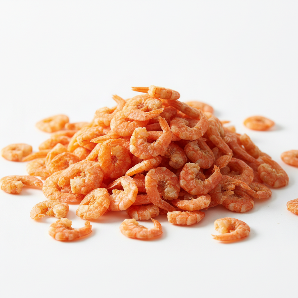 Dried shrimp pile on white background, premium seafood for home cooking