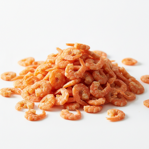 Dried shrimp pile on white background, premium seafood for home cooking