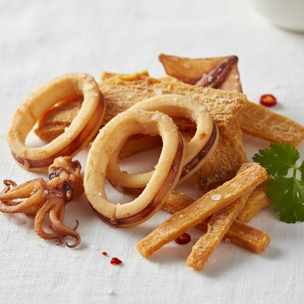 Crispy squid rings and seasoned seafood snacks with cilantro and chili flakes on white cloth