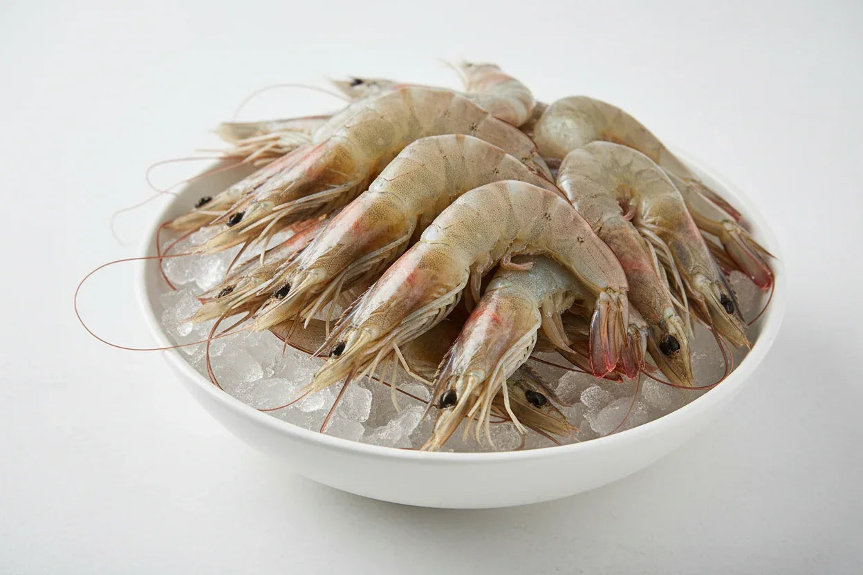 Fresh raw shrimp on ice in white bowl, premium seafood for home cooking