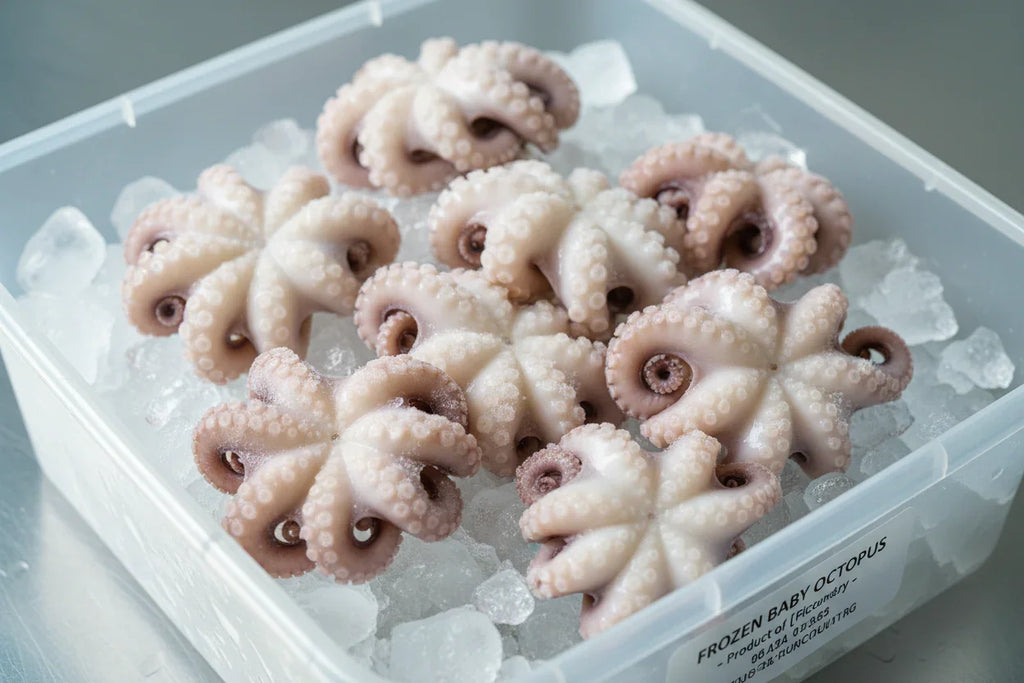 Frozen baby octopus on ice in clear container, premium seafood for home cooking