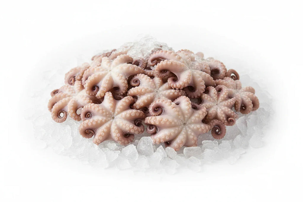 Fresh baby octopus on ice, premium seafood for gourmet cooking