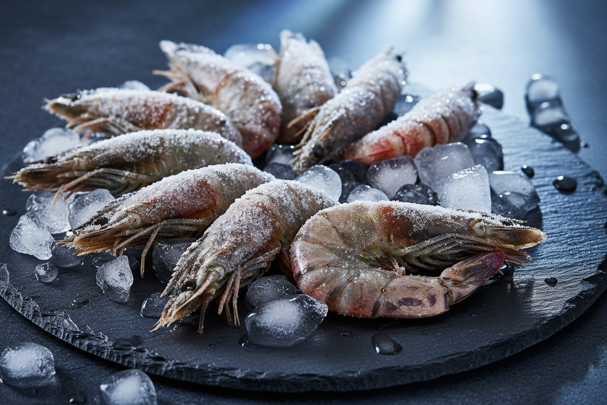 Frozen shrimp on ice, premium seafood for home kitchen
