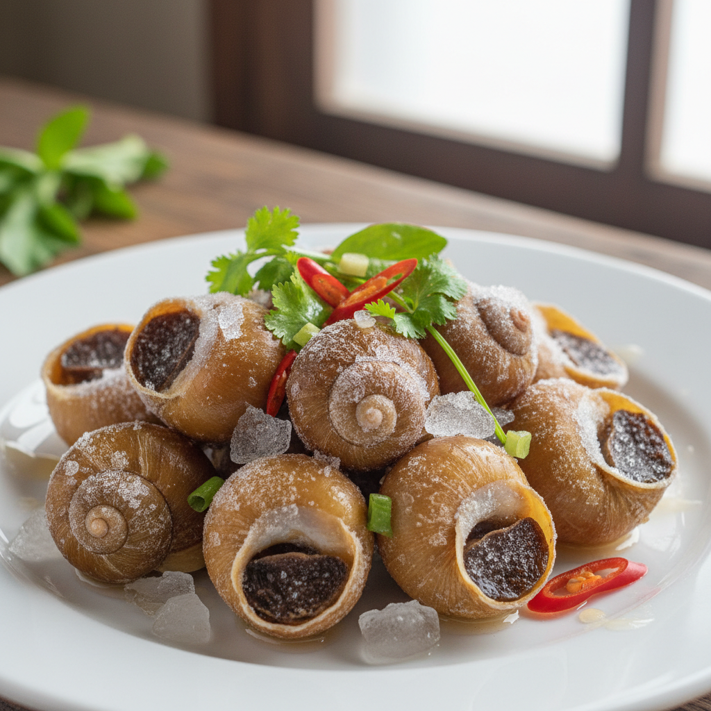 Gourmet escargot dish with herbs, chili, and ice, elegantly plated for fine dining.