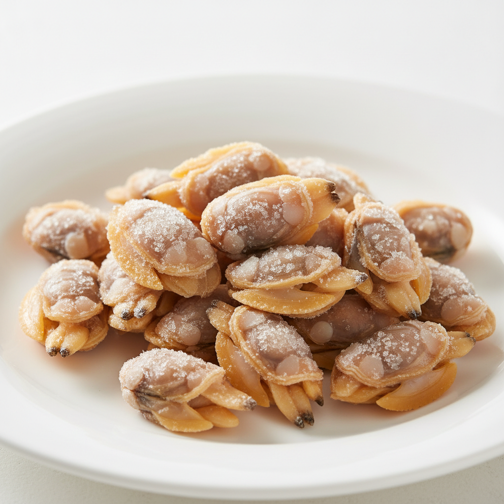 Frozen mussels in shells on white plate, ready for cooking