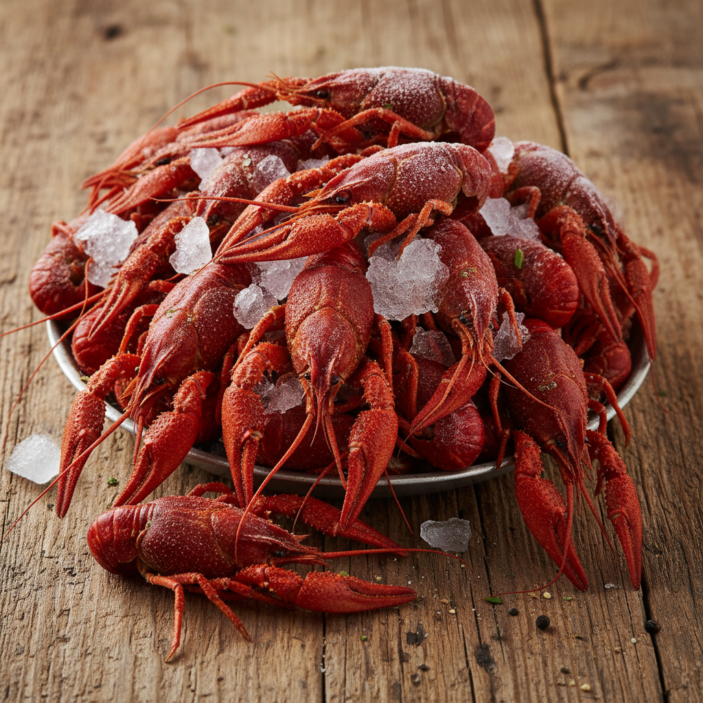 Fresh crawfish on ice, vibrant red shell, rustic wooden table, premium seafood for home cooking