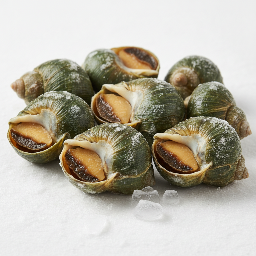 Frozen sea snails in shells on ice, premium seafood for gourmet cooking
