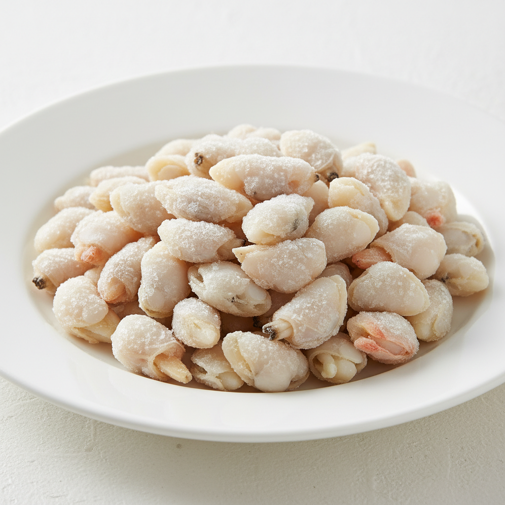 Frozen clam meat in white bowl, ready for seafood dishes