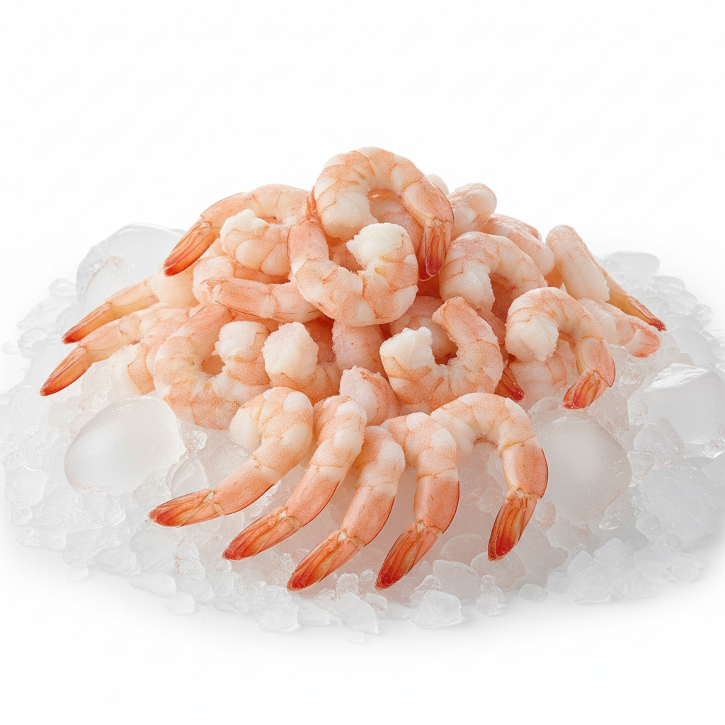 Fresh cooked shrimp piled on ice, premium seafood for home cooking