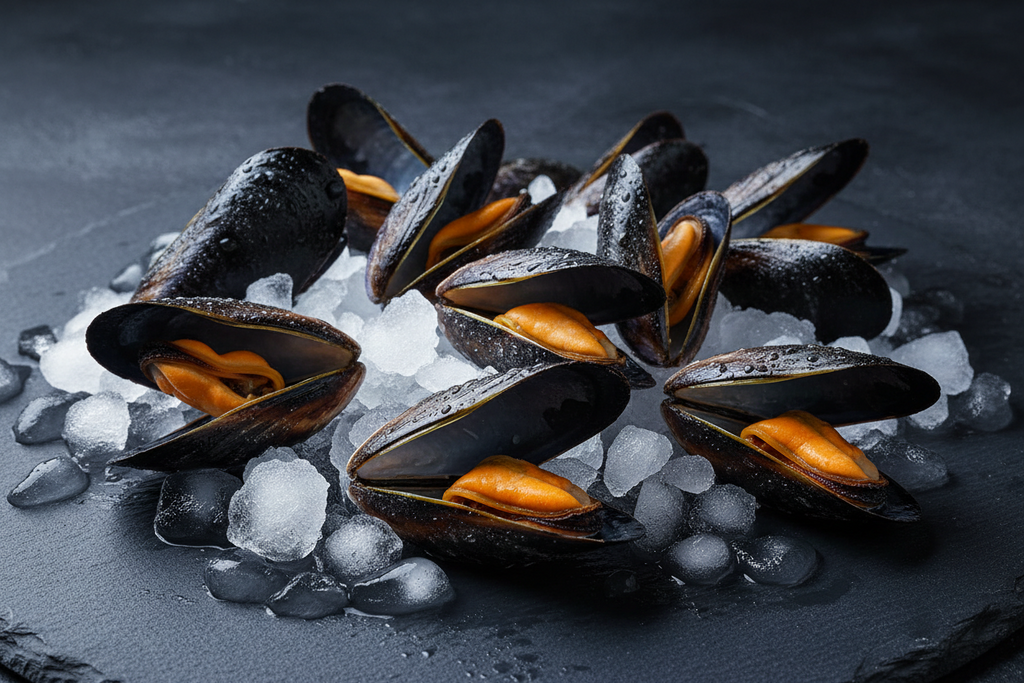 Fresh mussels on ice, showcasing vibrant orange meat and glossy shells for premium seafood dishes.