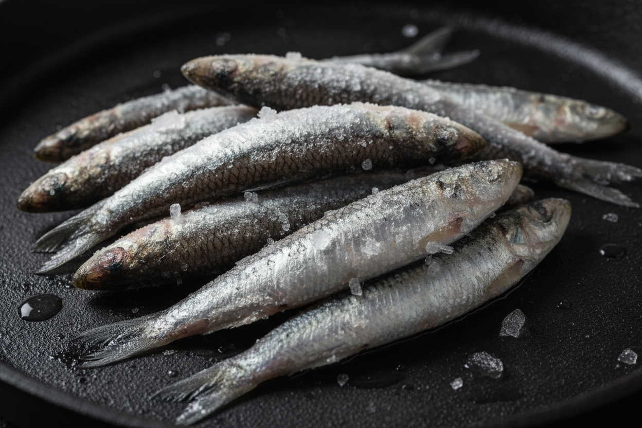 Fresh sardines on black skillet with ice, ready for cooking