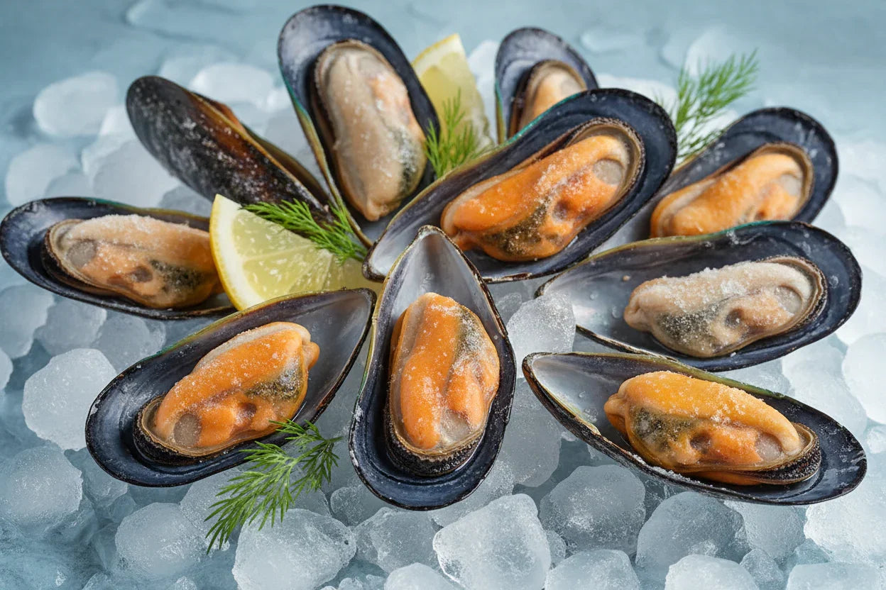 Fresh mussels on ice with lemon and dill, premium seafood for home cooking
