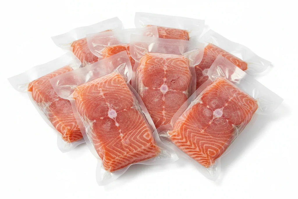 Vacuum-sealed salmon fillets, premium seafood for home cooking, fresh frozen fish portions