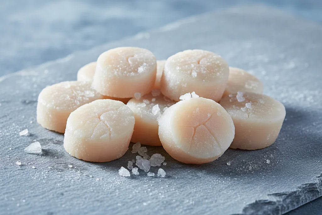 Fresh sea scallops on slate with sea salt, premium seafood for gourmet cooking