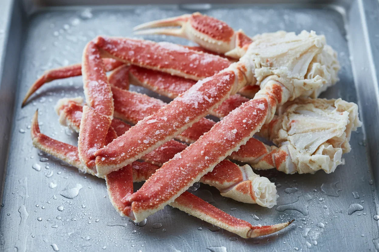 Frozen king crab legs on metal tray, premium seafood for home cooking