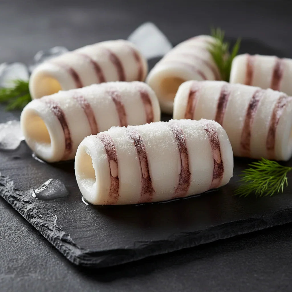 Frozen squid rings with striped texture on slate, garnished with dill and ice for fresh seafood presentation