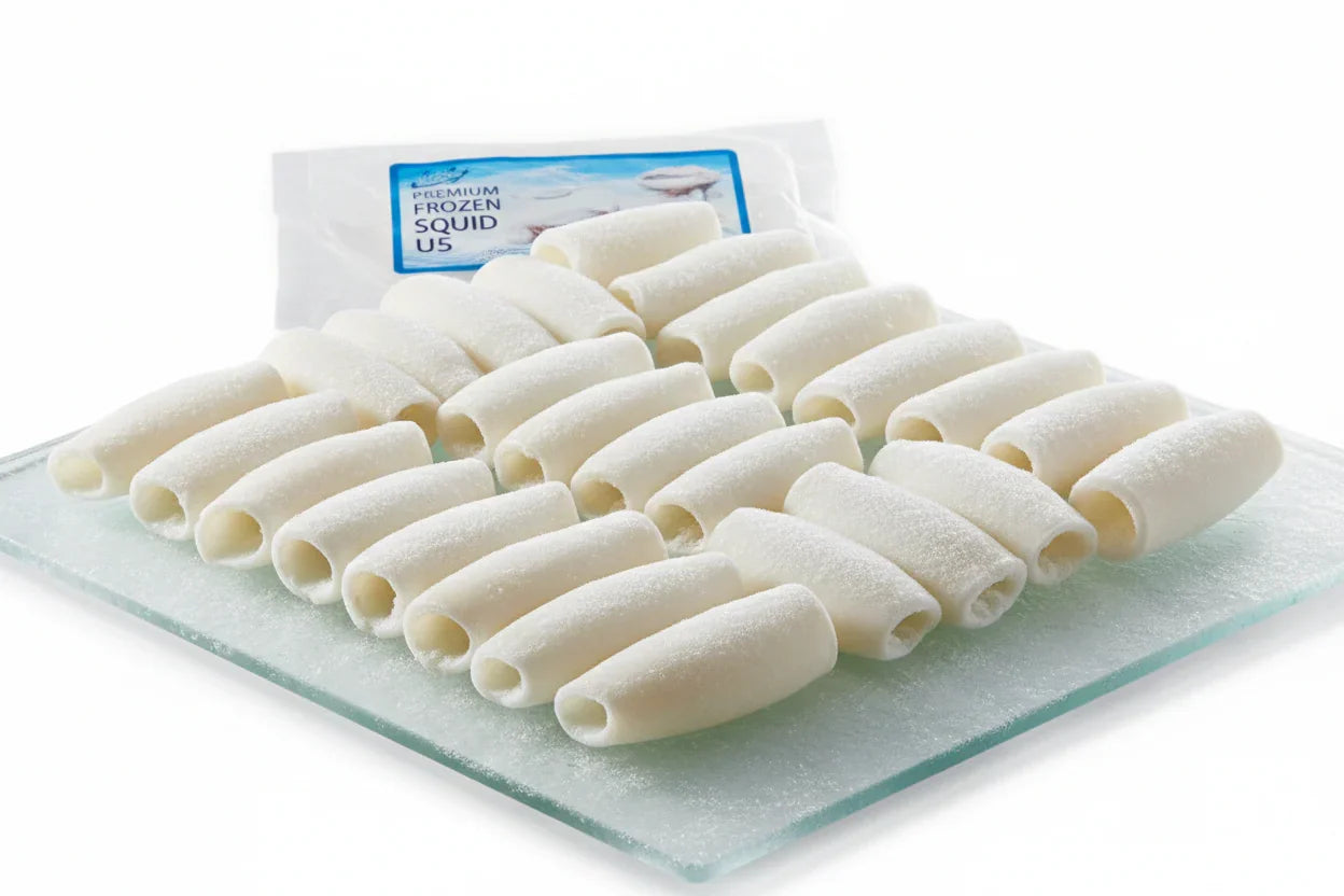 Premium frozen squid tubes U5 on ice, ready for seafood recipes and grilling