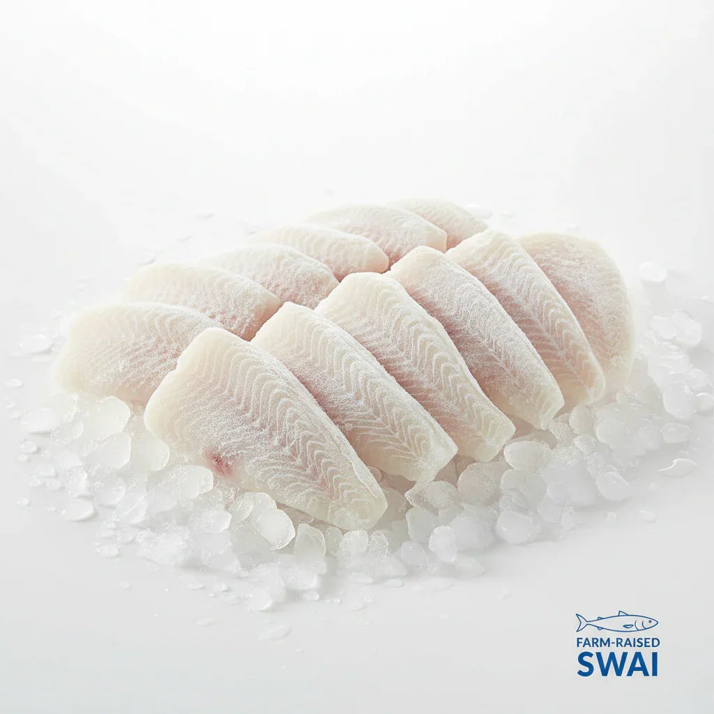 Farm-raised Swai fish fillets on ice, fresh premium seafood for home cooking