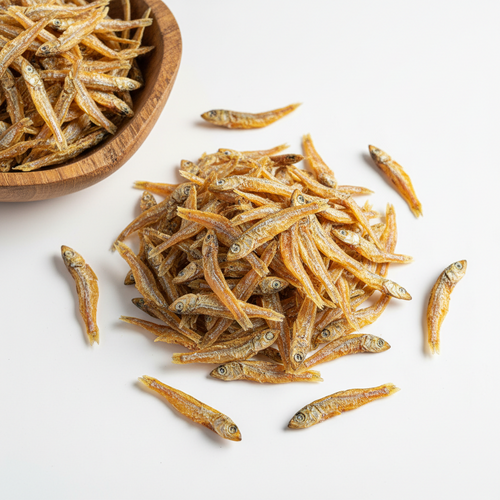 Dried anchovies in wooden bowl, ideal for Asian cuisine and homemade stocks
