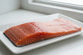 Fresh salmon fillet on white plate near window, premium seafood for home cooking