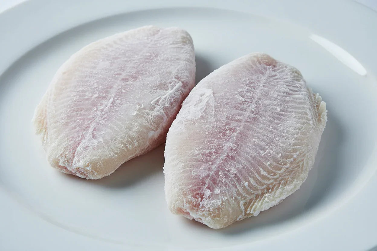 Two frozen fish fillets on white plate, premium seafood for home cooking